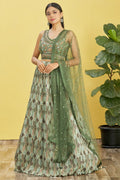 Green Slub Silk Lehenga Choli For Indian & Pakistani Wedding Festival - Sequins & Thread Embroidery Work, Zari Work, Print Work, Real Mirror Work