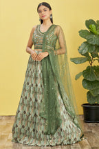 Green Slub Silk Lehenga Choli For Indian & Pakistani Wedding Festival - Sequins & Thread Embroidery Work, Zari Work, Print Work, Real Mirror Work