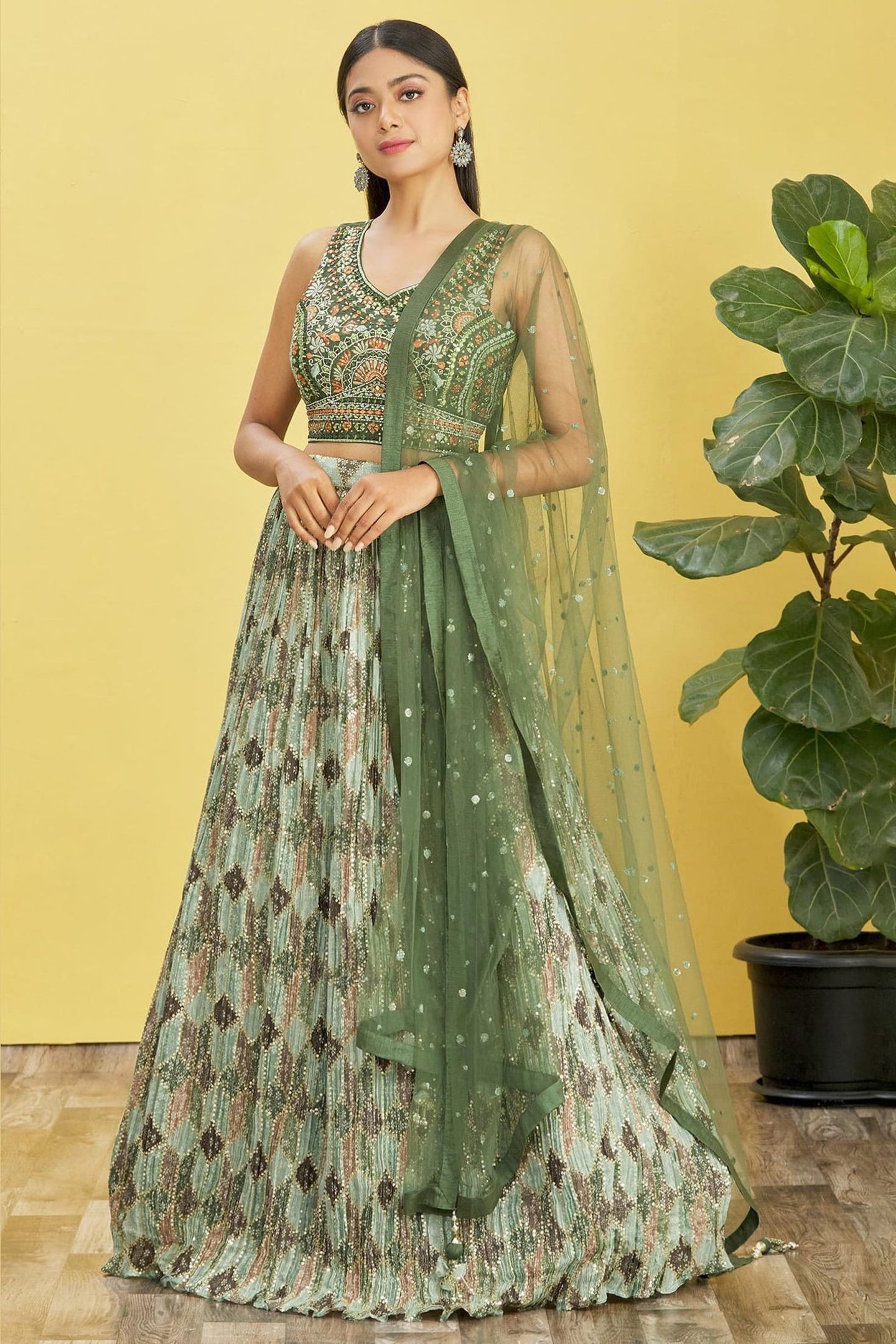 Green Slub Silk Lehenga Choli For Indian & Pakistani Wedding Festival - Sequins & Thread Embroidery Work, Zari Work, Print Work, Real Mirror Work