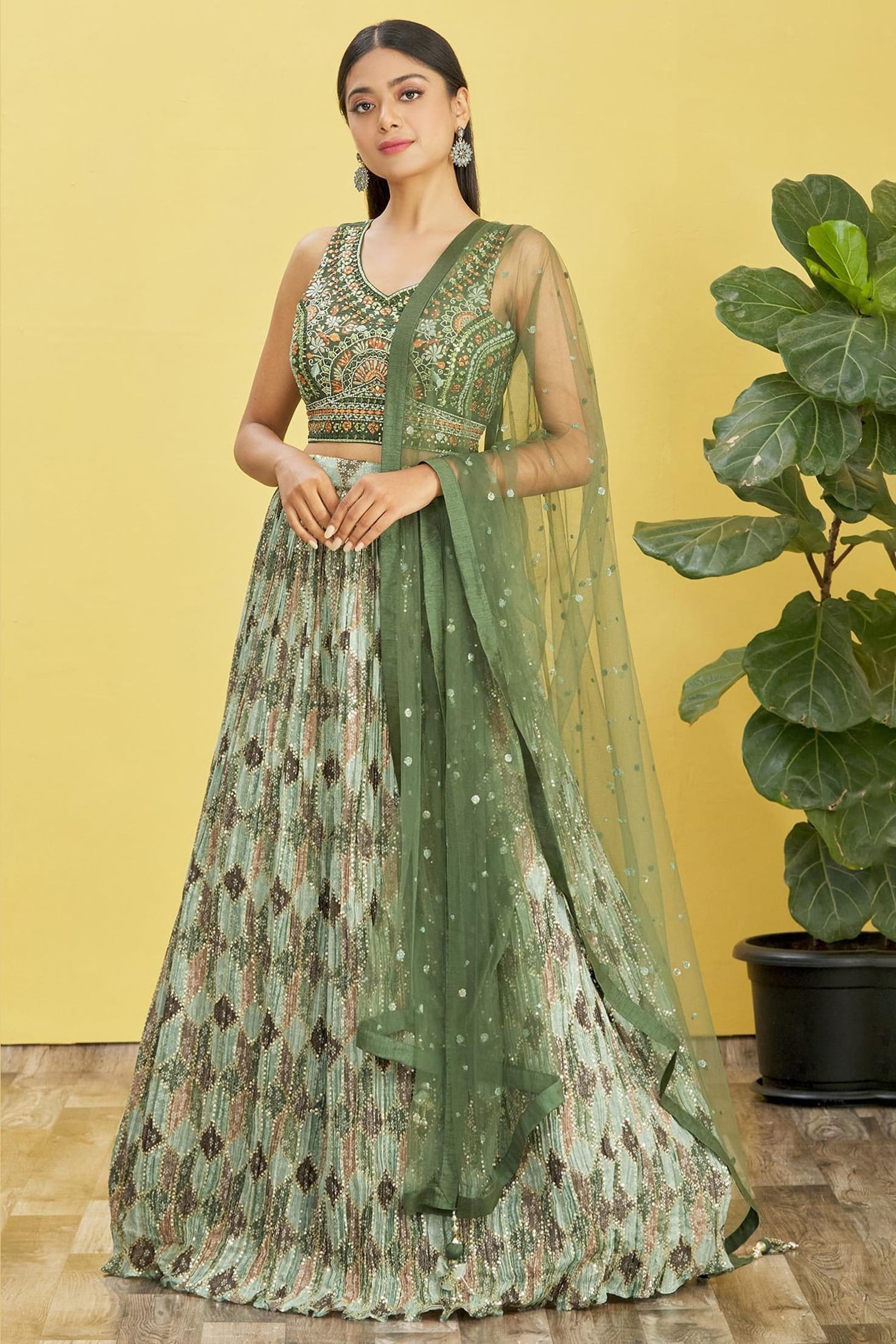 Green Slub Silk Lehenga Choli For Indian & Pakistani Wedding Festival - Sequins & Thread Embroidery Work, Zari Work, Print Work, Real Mirror Work