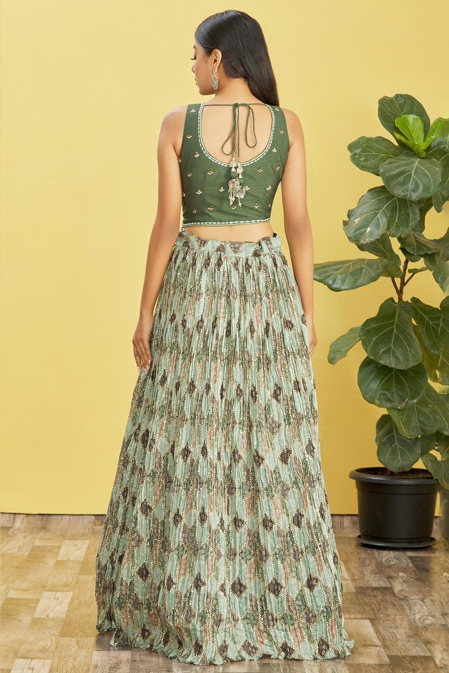 Green Slub Silk Lehenga Choli For Indian & Pakistani Wedding Festival - Sequins & Thread Embroidery Work, Zari Work, Print Work, Real Mirror Work