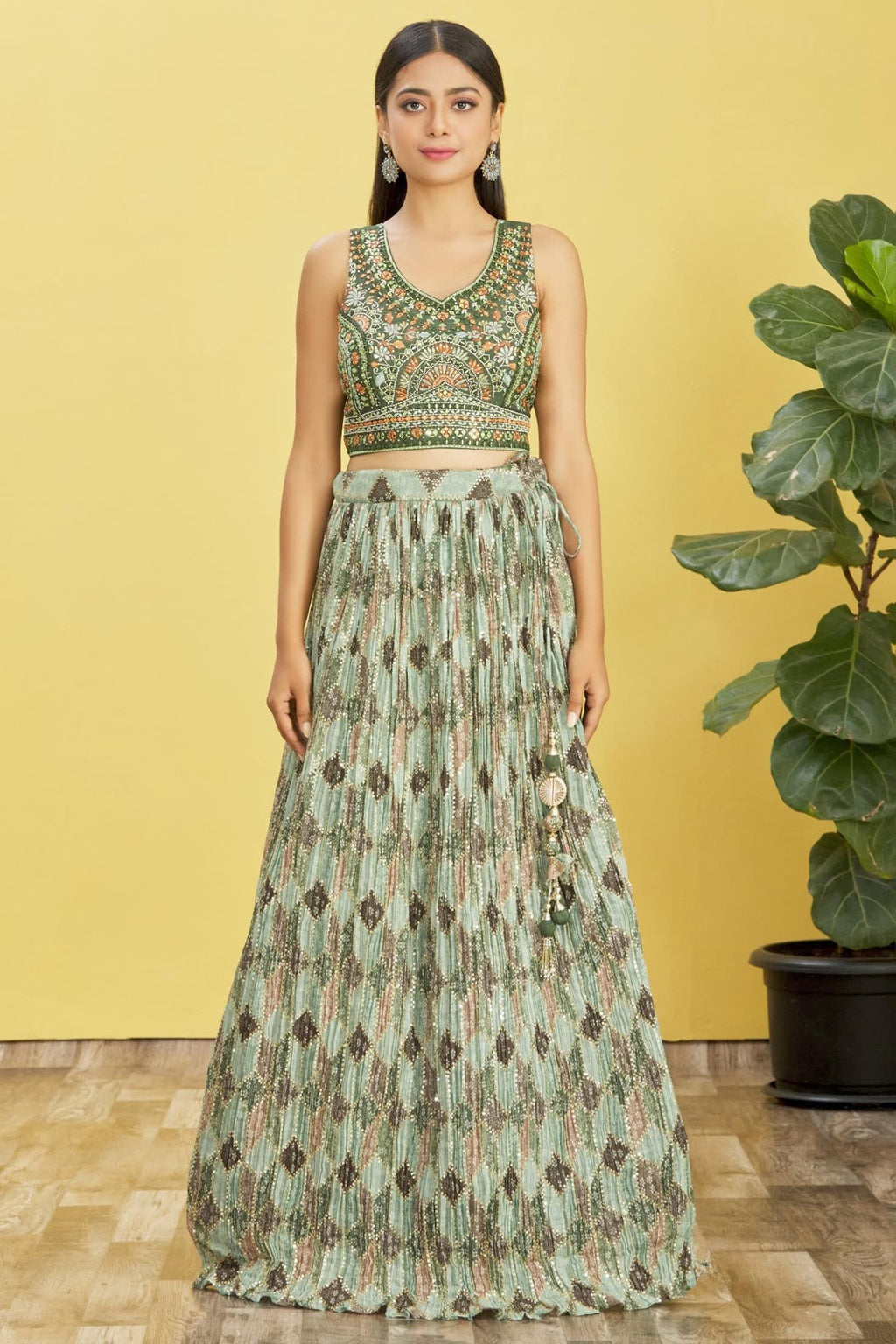Green Slub Silk Lehenga Choli For Indian & Pakistani Wedding Festival - Sequins & Thread Embroidery Work, Zari Work, Print Work, Real Mirror Work