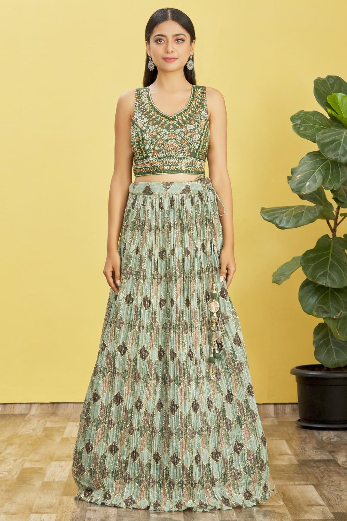 Green Slub Silk Lehenga Choli For Indian & Pakistani Wedding Festival - Sequins & Thread Embroidery Work, Zari Work, Print Work, Real Mirror Work