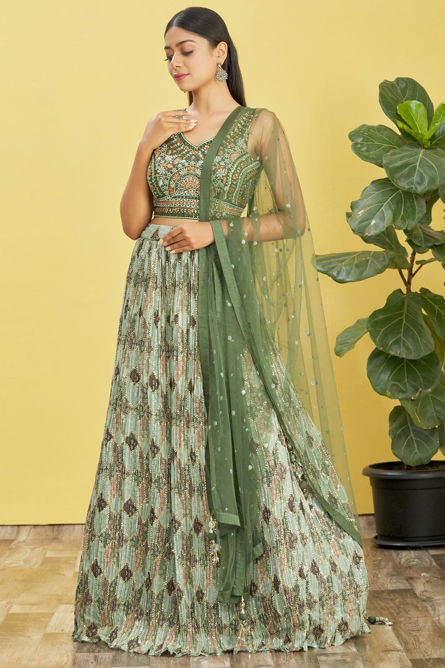 Green Slub Silk Lehenga Choli For Indian & Pakistani Wedding Festival - Sequins & Thread Embroidery Work, Zari Work, Print Work, Real Mirror Work