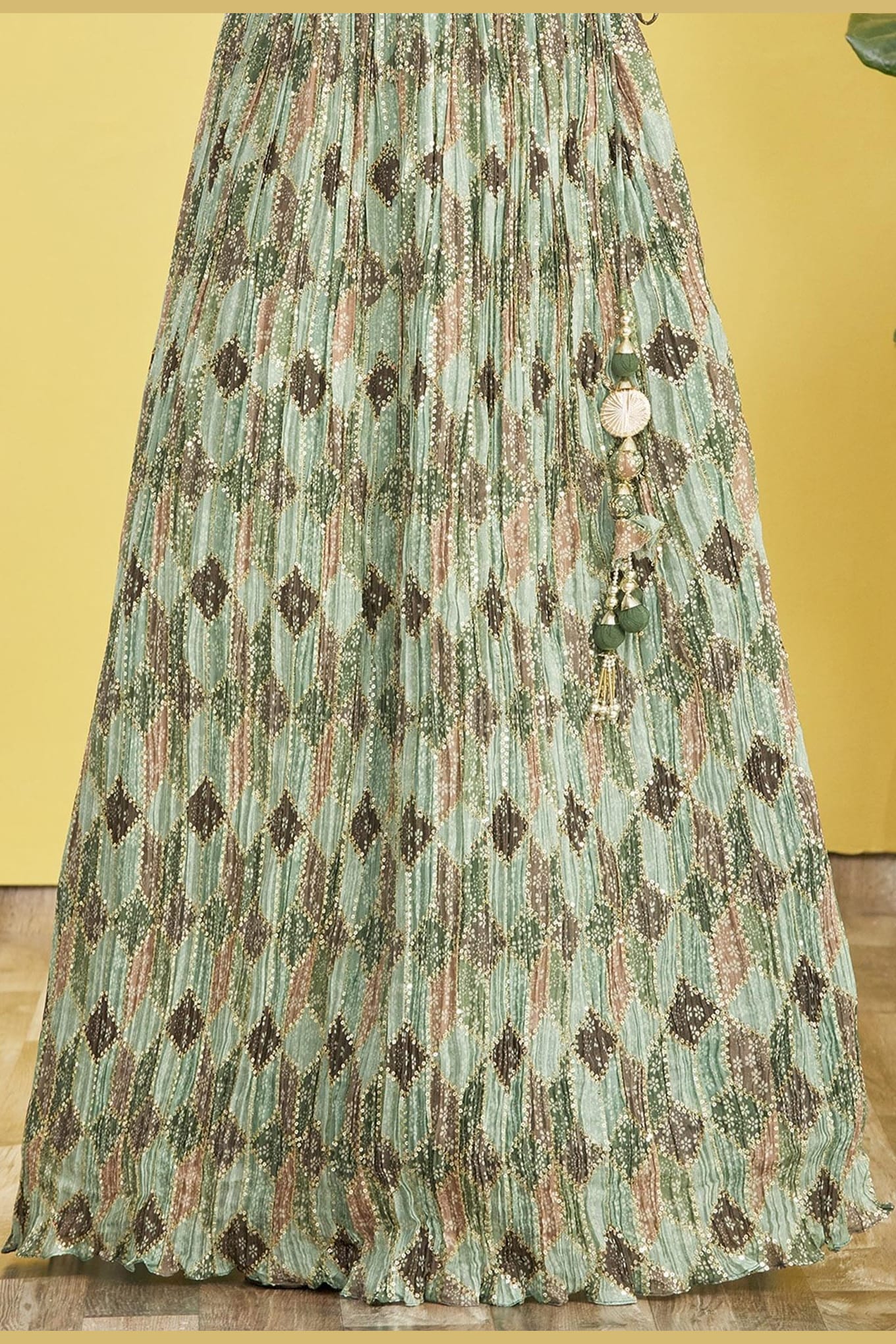 Green Slub Silk Lehenga Choli For Indian & Pakistani Wedding Festival - Sequins & Thread Embroidery Work, Zari Work, Print Work, Real Mirror Work