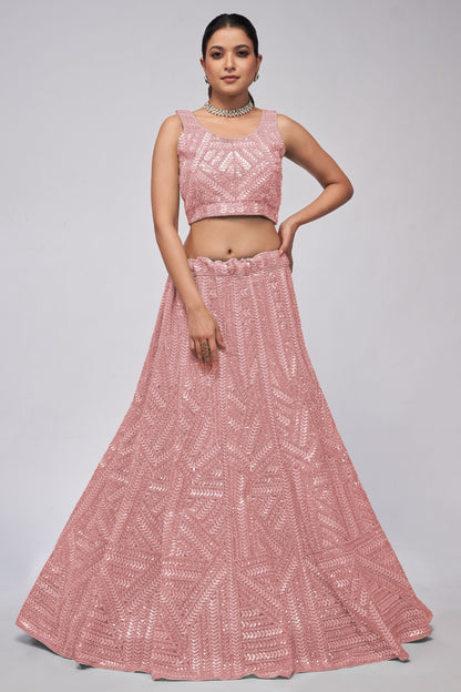 Baby Pink Soft Net Lehenga Choli For Indian Festivals & Weddings - Sequins Work, Dori Work, Zarkan Work