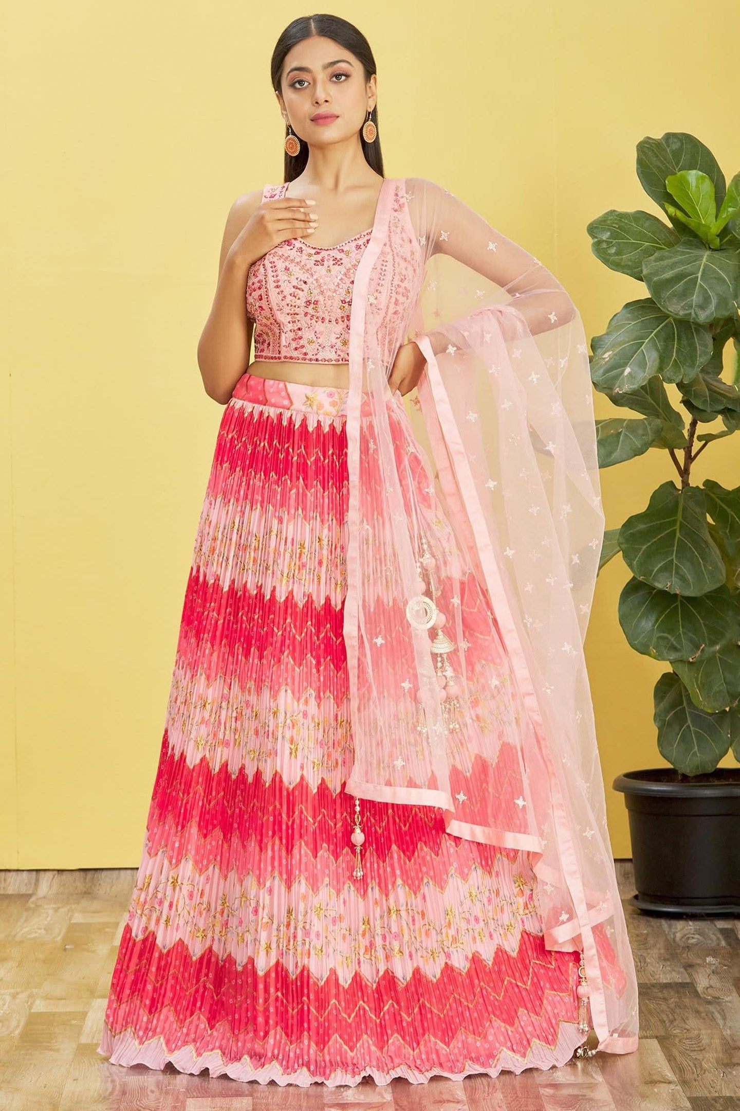 Pink Slub Silk Lehenga Choli For Indian & Pakistani Wedding Festival - Sequins & Thread Embroidery Work, Zari Work, Print Work, Real Mirror Work
