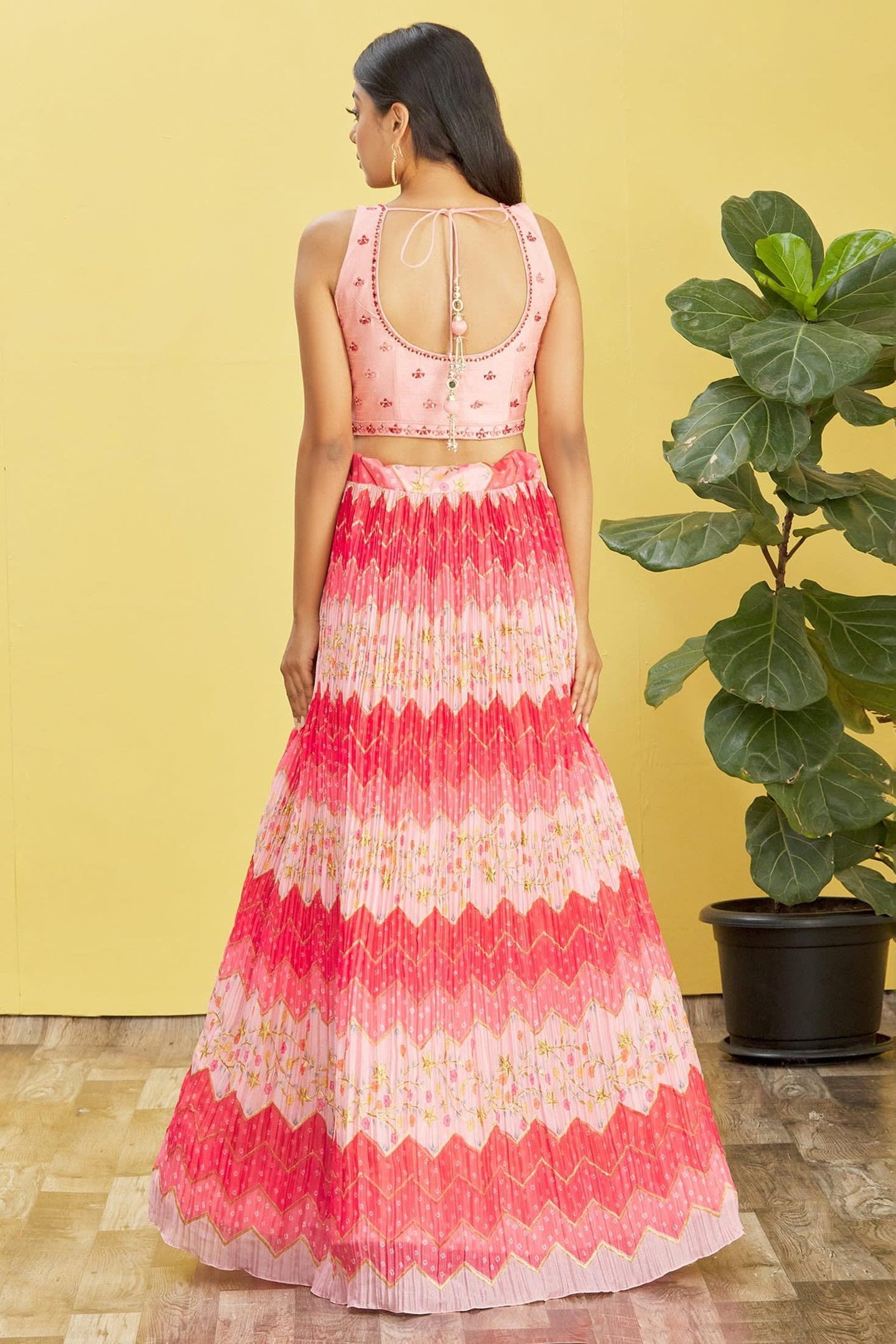 Pink Slub Silk Lehenga Choli For Indian & Pakistani Wedding Festival - Sequins & Thread Embroidery Work, Zari Work, Print Work, Real Mirror Work