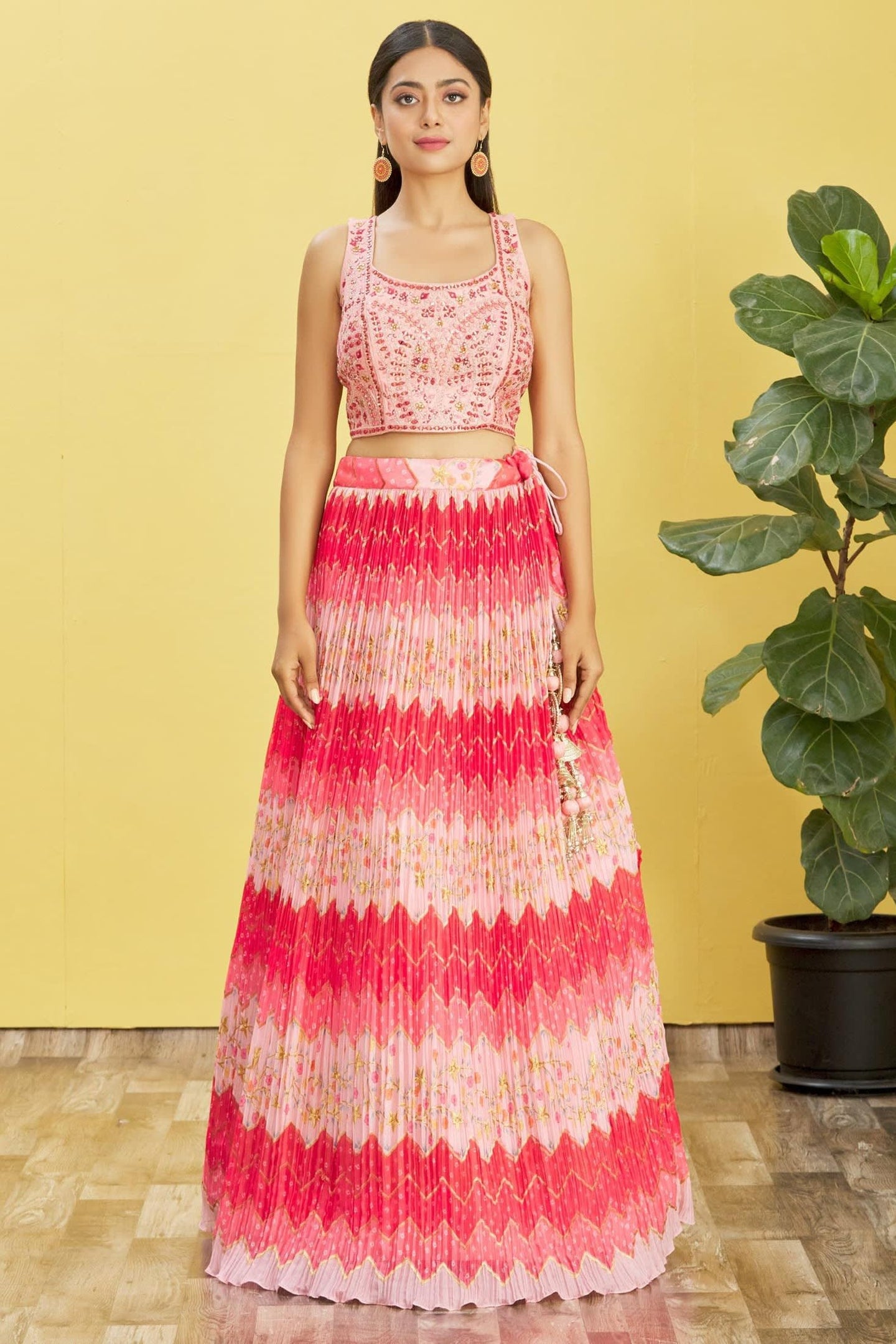 Pink Slub Silk Lehenga Choli For Indian & Pakistani Wedding Festival - Sequins & Thread Embroidery Work, Zari Work, Print Work, Real Mirror Work