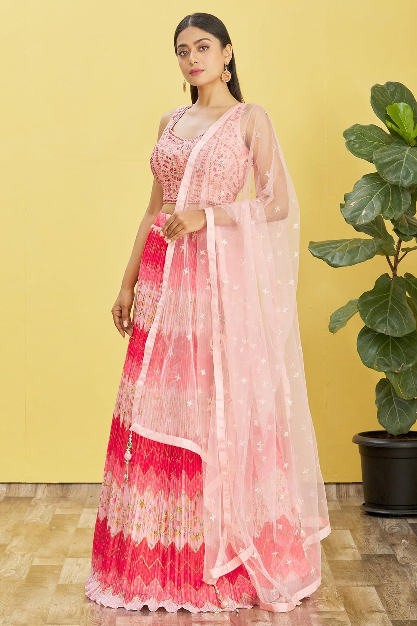 Pink Slub Silk Lehenga Choli For Indian & Pakistani Wedding Festival - Sequins & Thread Embroidery Work, Zari Work, Print Work, Real Mirror Work