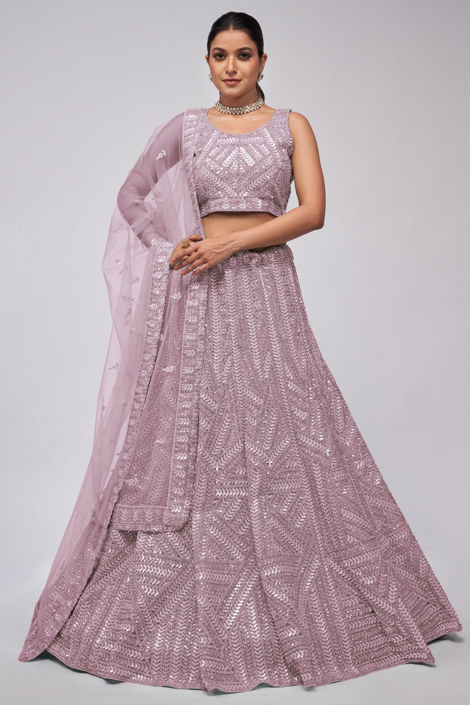 Light Purple Soft Net Lehenga Choli For Indian Festivals & Weddings - Sequins Work, Dori Work, Zarkan Work