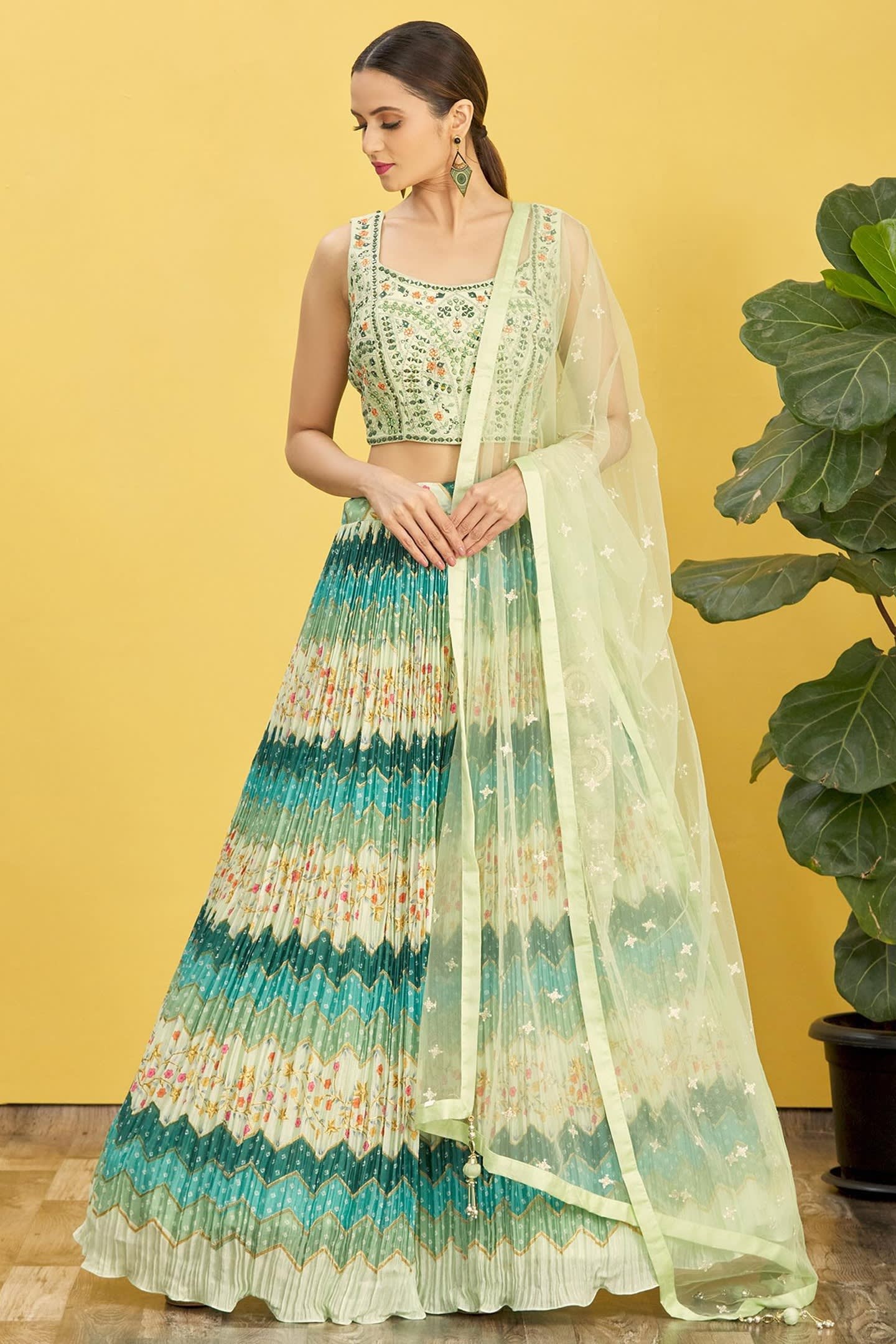 Green Slub Silk Lehenga Choli For Indian & Pakistani Wedding Festival - Sequins & Thread Embroidery Work, Zari Work, Print Work, Real Mirror Work