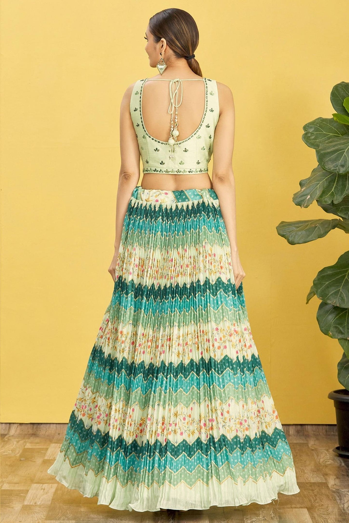 Green Slub Silk Lehenga Choli For Indian & Pakistani Wedding Festival - Sequins & Thread Embroidery Work, Zari Work, Print Work, Real Mirror Work