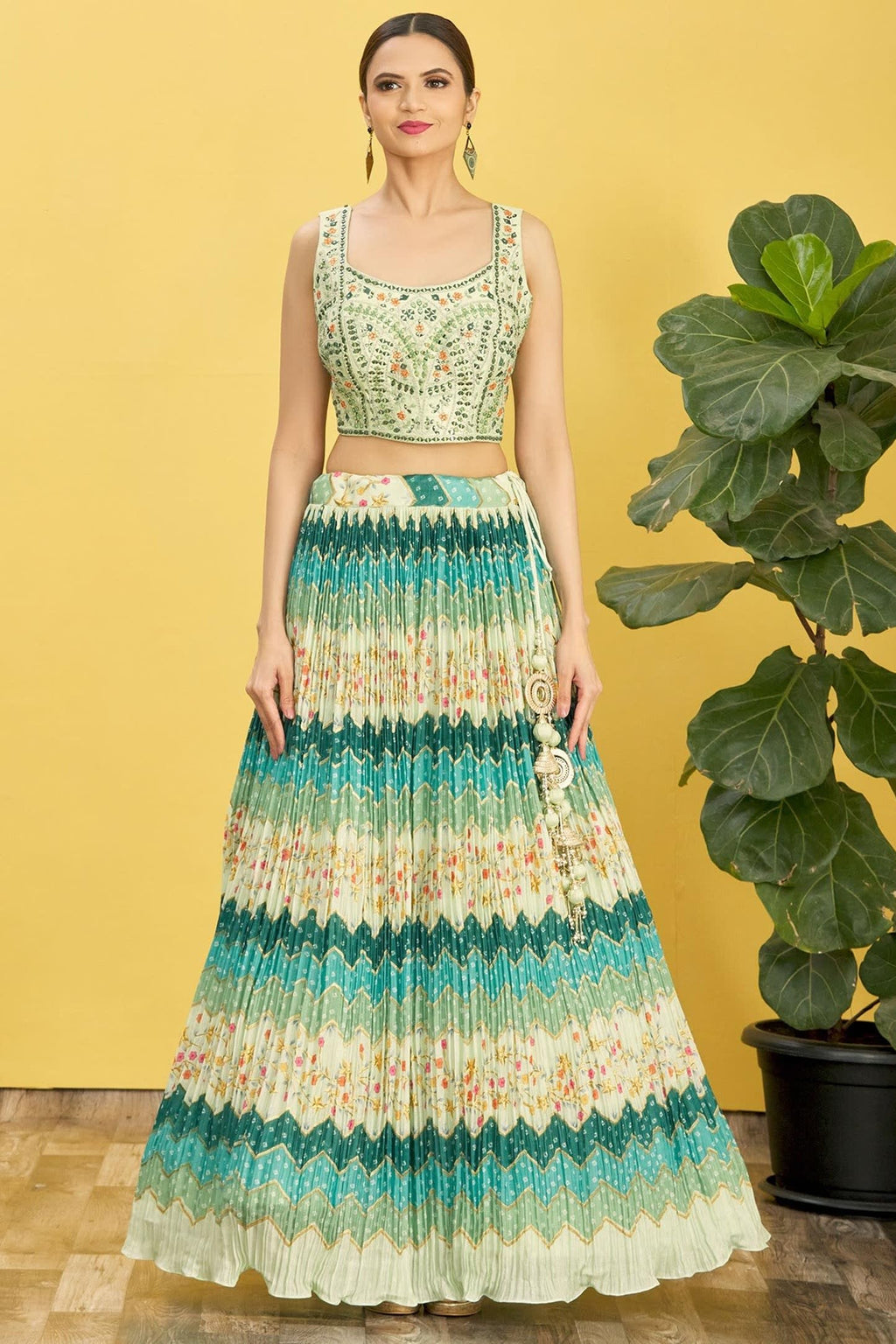 Green Slub Silk Lehenga Choli For Indian & Pakistani Wedding Festival - Sequins & Thread Embroidery Work, Zari Work, Print Work, Real Mirror Work
