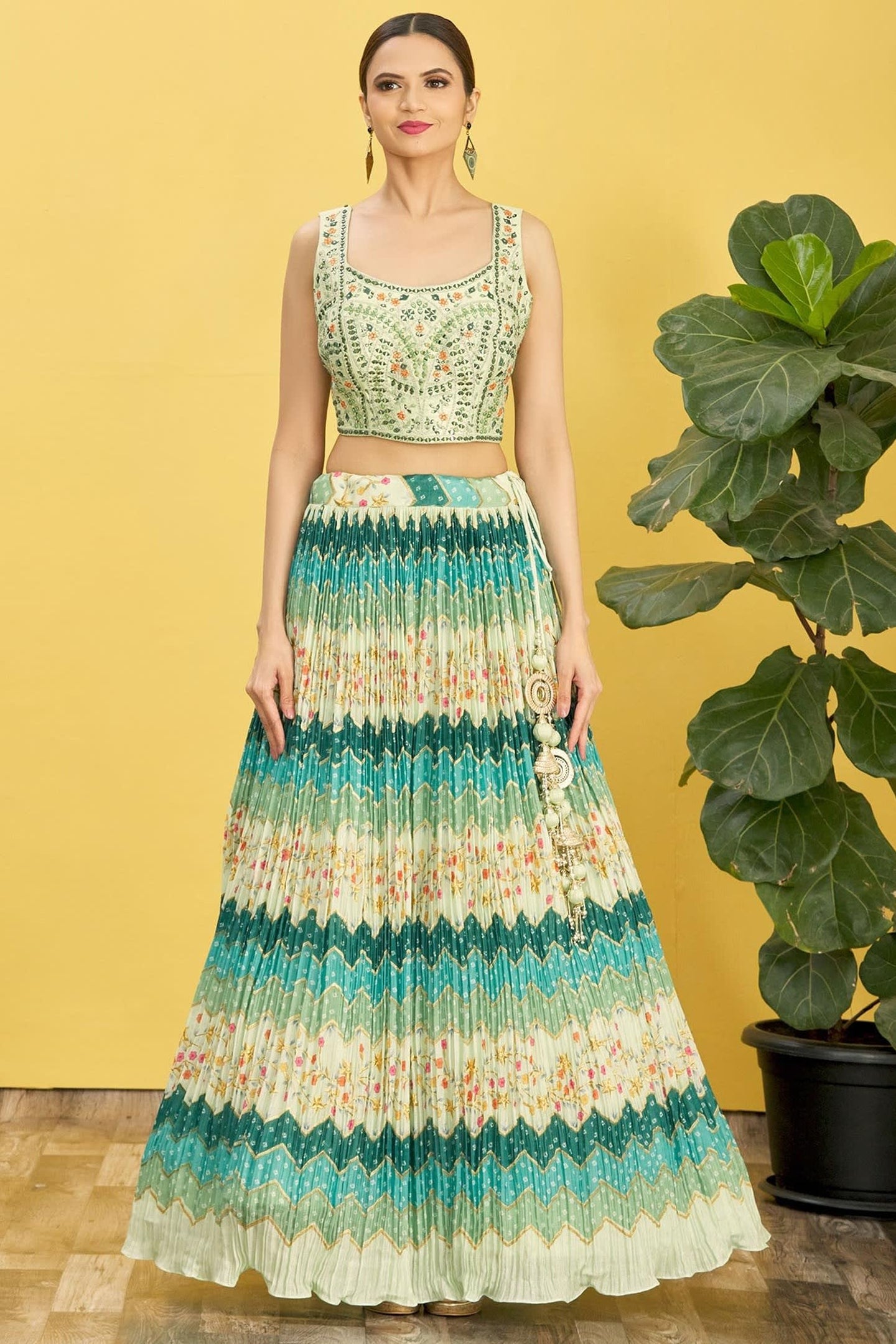 Green Slub Silk Lehenga Choli For Indian & Pakistani Wedding Festival - Sequins & Thread Embroidery Work, Zari Work, Print Work, Real Mirror Work