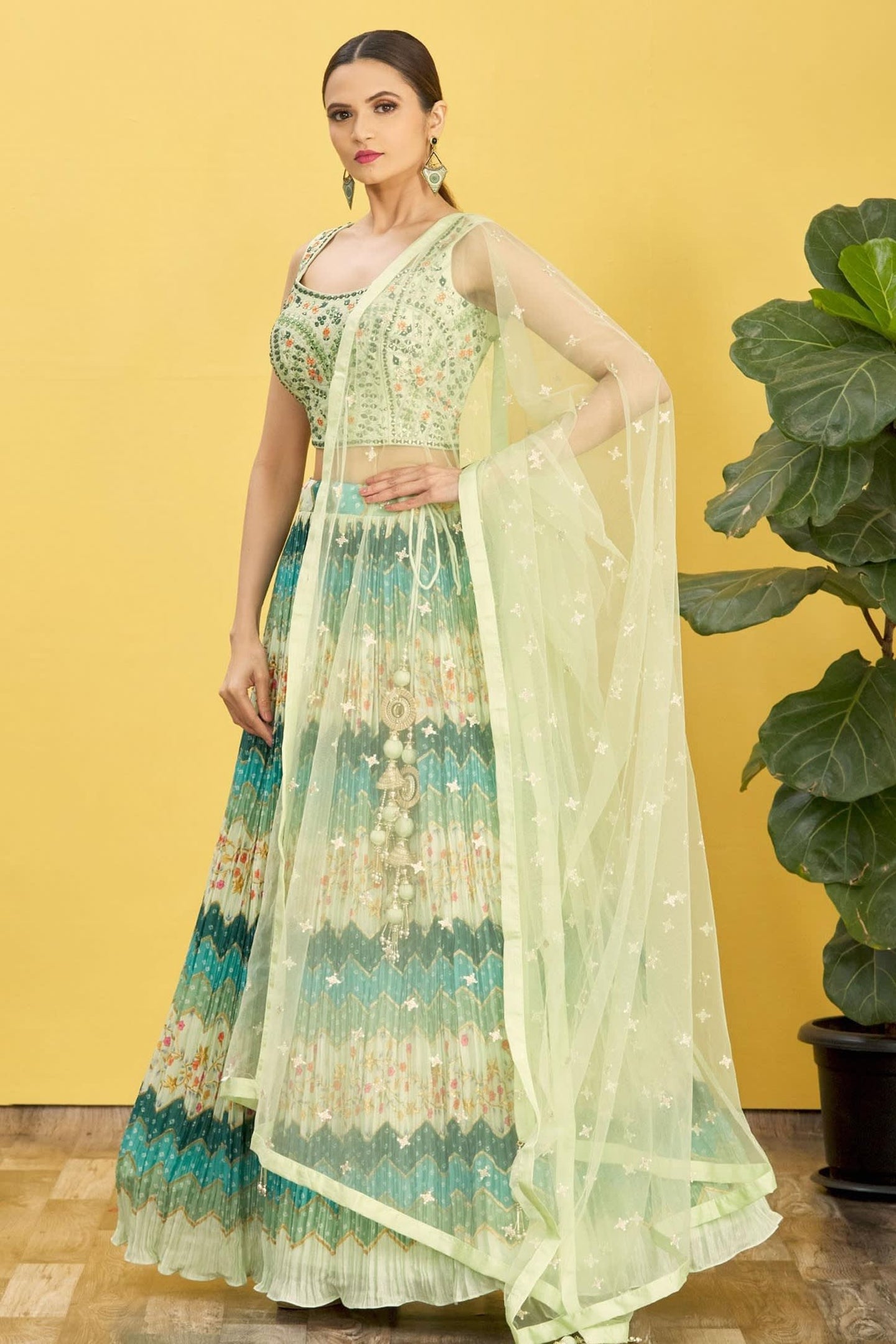 Green Slub Silk Lehenga Choli For Indian & Pakistani Wedding Festival - Sequins & Thread Embroidery Work, Zari Work, Print Work, Real Mirror Work