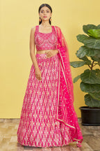 Pink Slub Silk Lehenga Choli For Indian & Pakistani Wedding Festival - Sequins & Thread Embroidery Work, Zari Work, Print Work, Real Mirror Work