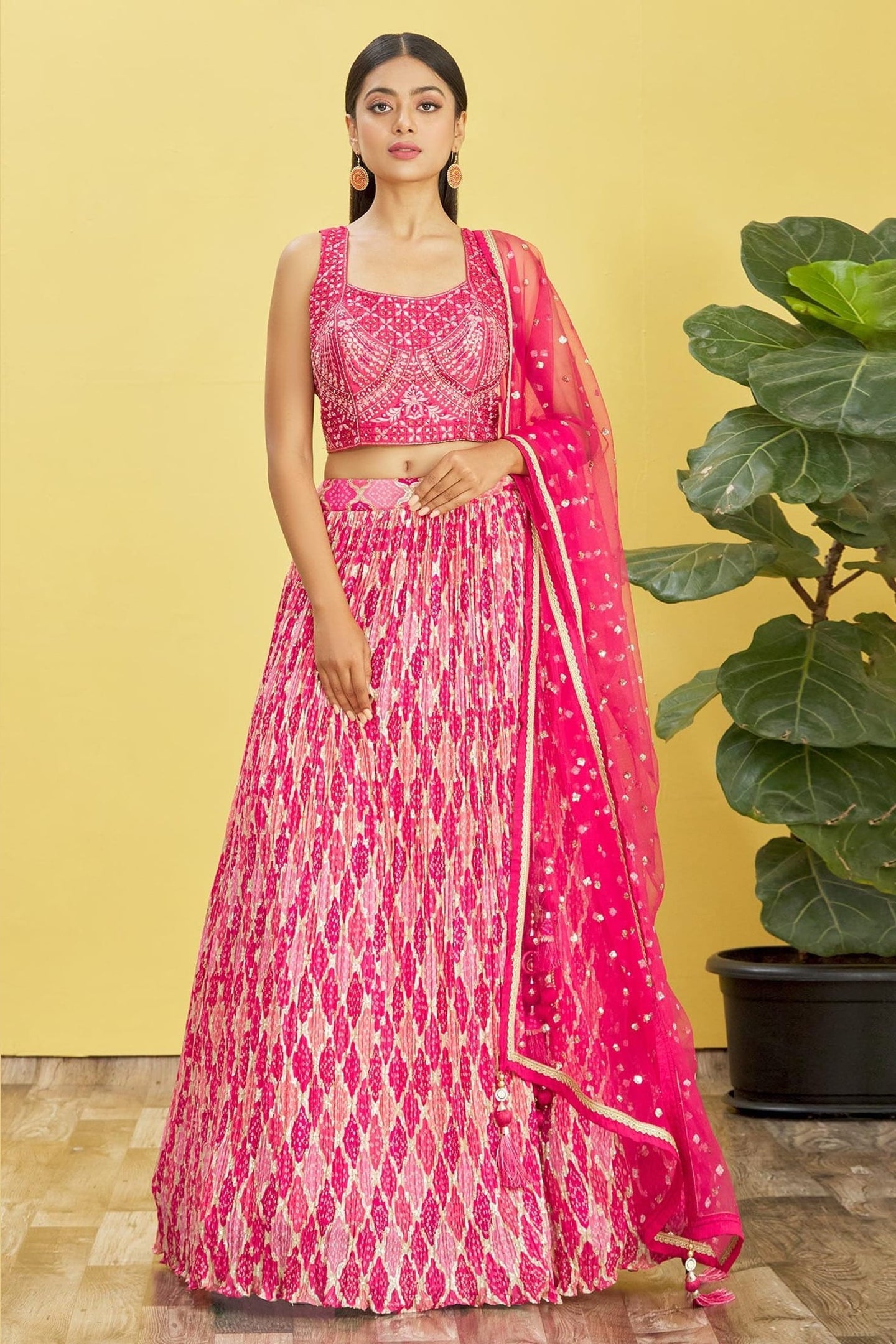 Pink Slub Silk Lehenga Choli For Indian & Pakistani Wedding Festival - Sequins & Thread Embroidery Work, Zari Work, Print Work, Real Mirror Work