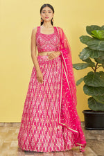 Pink Slub Silk Lehenga Choli For Indian & Pakistani Wedding Festival - Sequins & Thread Embroidery Work, Zari Work, Print Work, Real Mirror Work