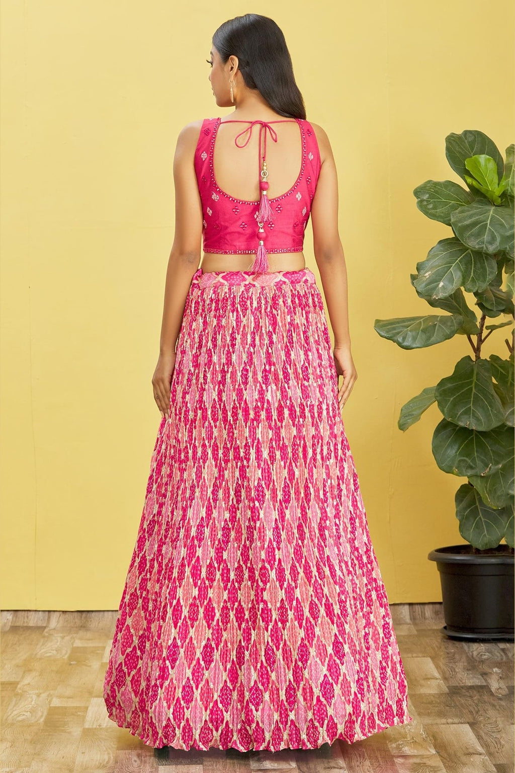 Pink Slub Silk Lehenga Choli For Indian & Pakistani Wedding Festival - Sequins & Thread Embroidery Work, Zari Work, Print Work, Real Mirror Work