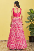 Pink Slub Silk Lehenga Choli For Indian & Pakistani Wedding Festival - Sequins & Thread Embroidery Work, Zari Work, Print Work, Real Mirror Work
