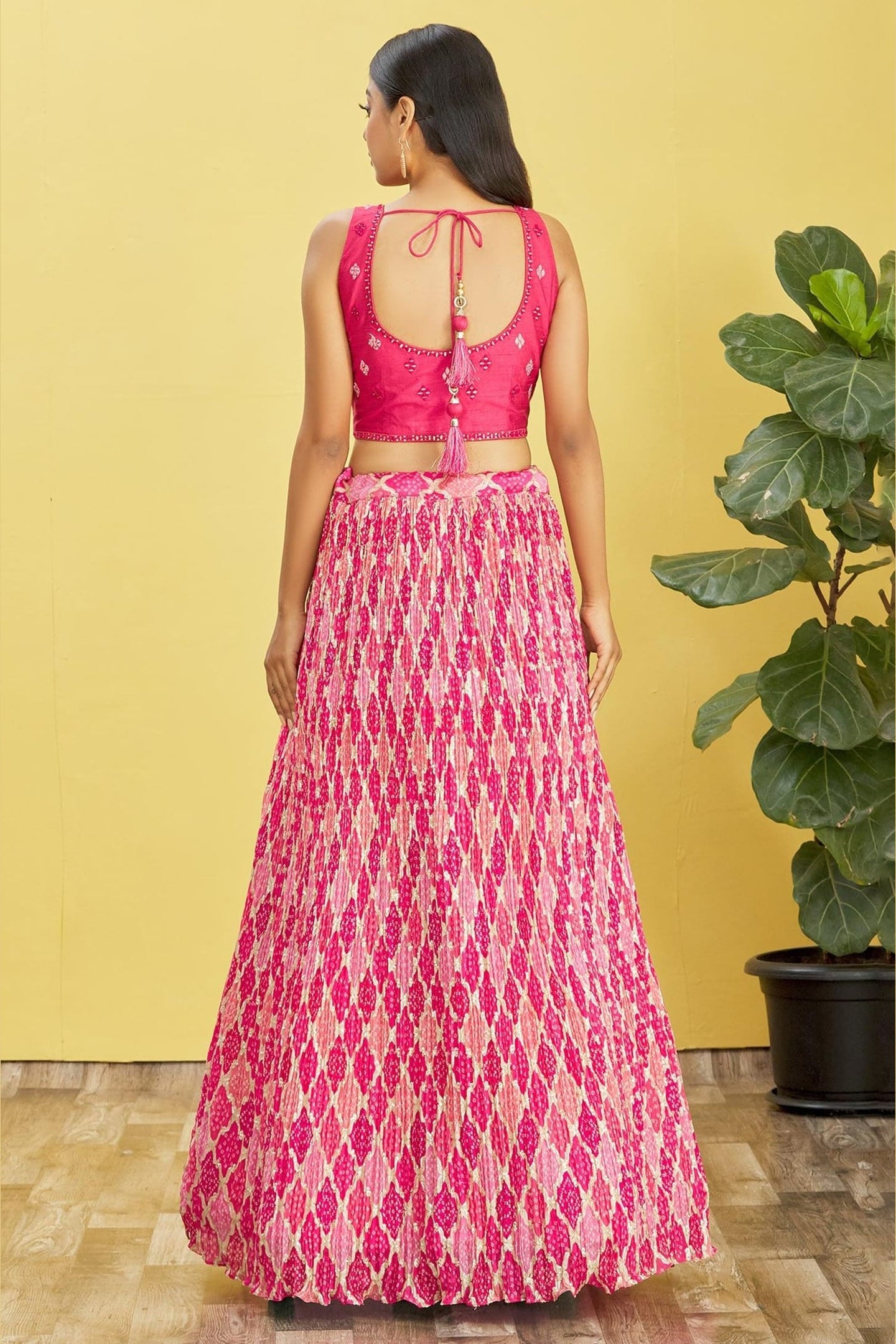 Pink Slub Silk Lehenga Choli For Indian & Pakistani Wedding Festival - Sequins & Thread Embroidery Work, Zari Work, Print Work, Real Mirror Work