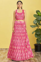 Pink Slub Silk Lehenga Choli For Indian & Pakistani Wedding Festival - Sequins & Thread Embroidery Work, Zari Work, Print Work, Real Mirror Work