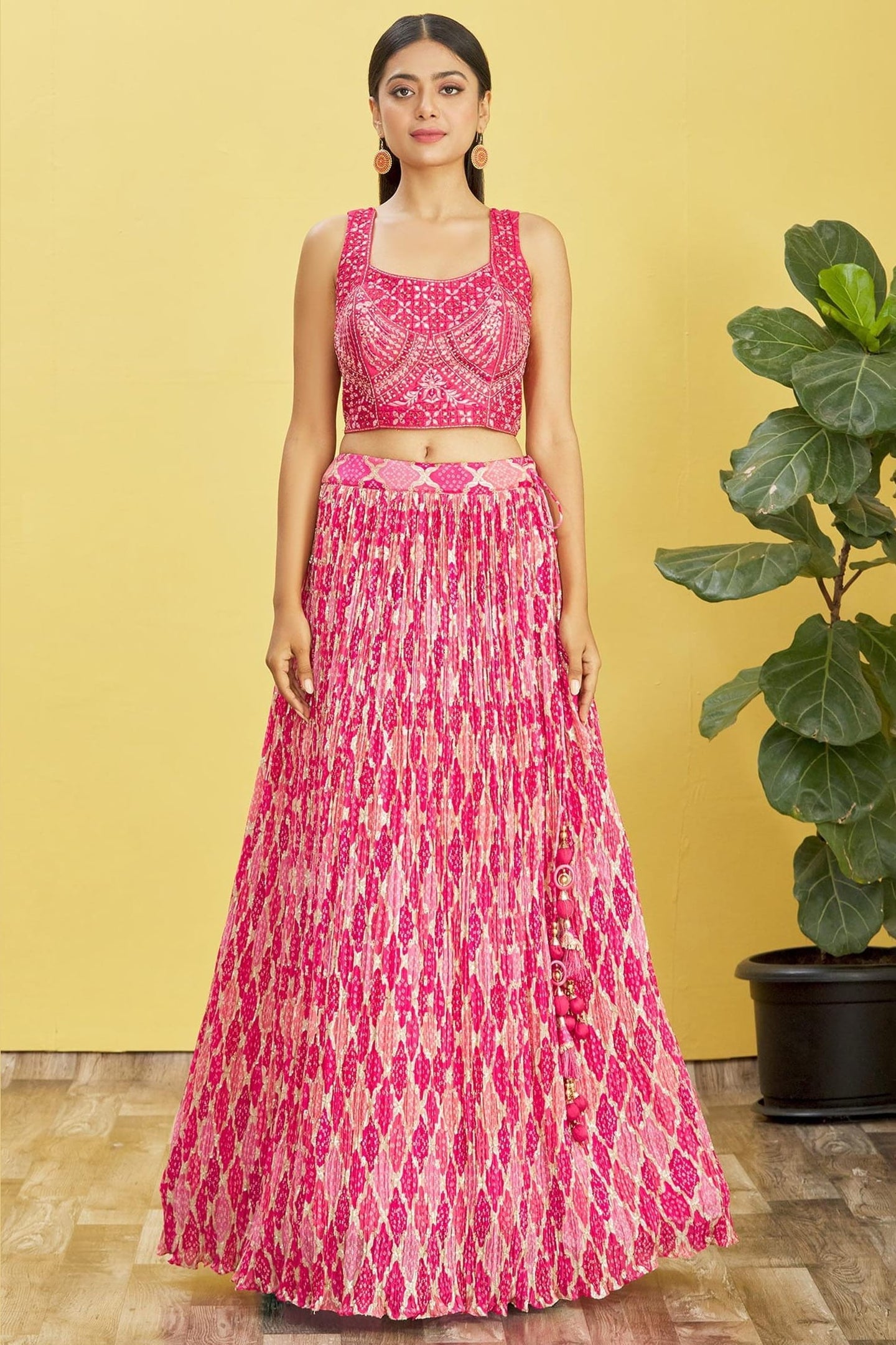 Pink Slub Silk Lehenga Choli For Indian & Pakistani Wedding Festival - Sequins & Thread Embroidery Work, Zari Work, Print Work, Real Mirror Work