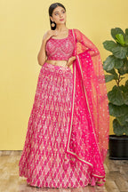 Pink Slub Silk Lehenga Choli For Indian & Pakistani Wedding Festival - Sequins & Thread Embroidery Work, Zari Work, Print Work, Real Mirror Work