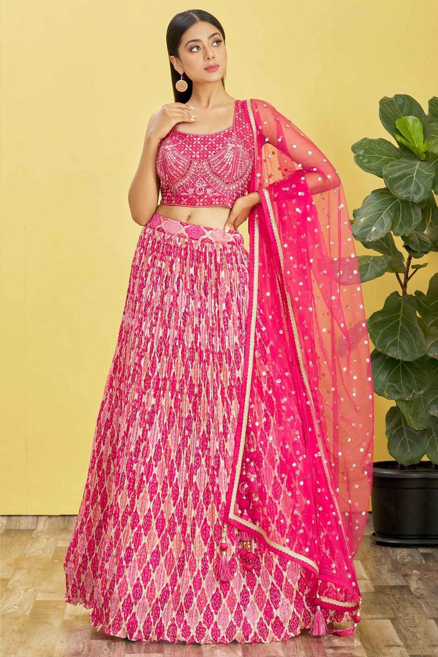 Pink Slub Silk Lehenga Choli For Indian & Pakistani Wedding Festival - Sequins & Thread Embroidery Work, Zari Work, Print Work, Real Mirror Work