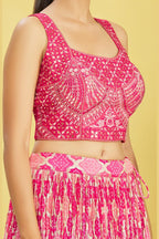 Pink Slub Silk Lehenga Choli For Indian & Pakistani Wedding Festival - Sequins & Thread Embroidery Work, Zari Work, Print Work, Real Mirror Work