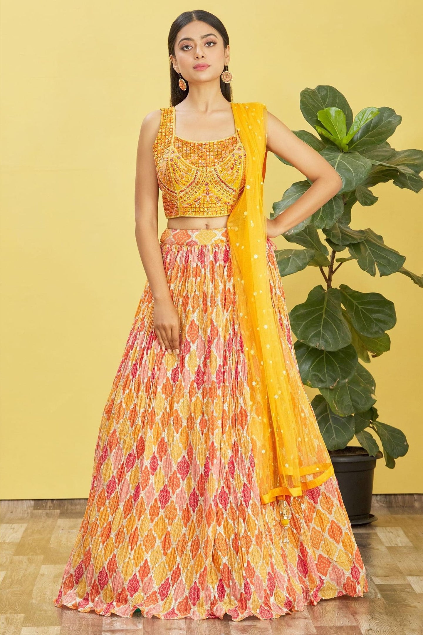 Yellow Slub Silk Lehenga Choli For Indian & Pakistani Wedding Festival - Sequins & Thread Embroidery Work, Zari Work, Print Work, Real Mirror Work