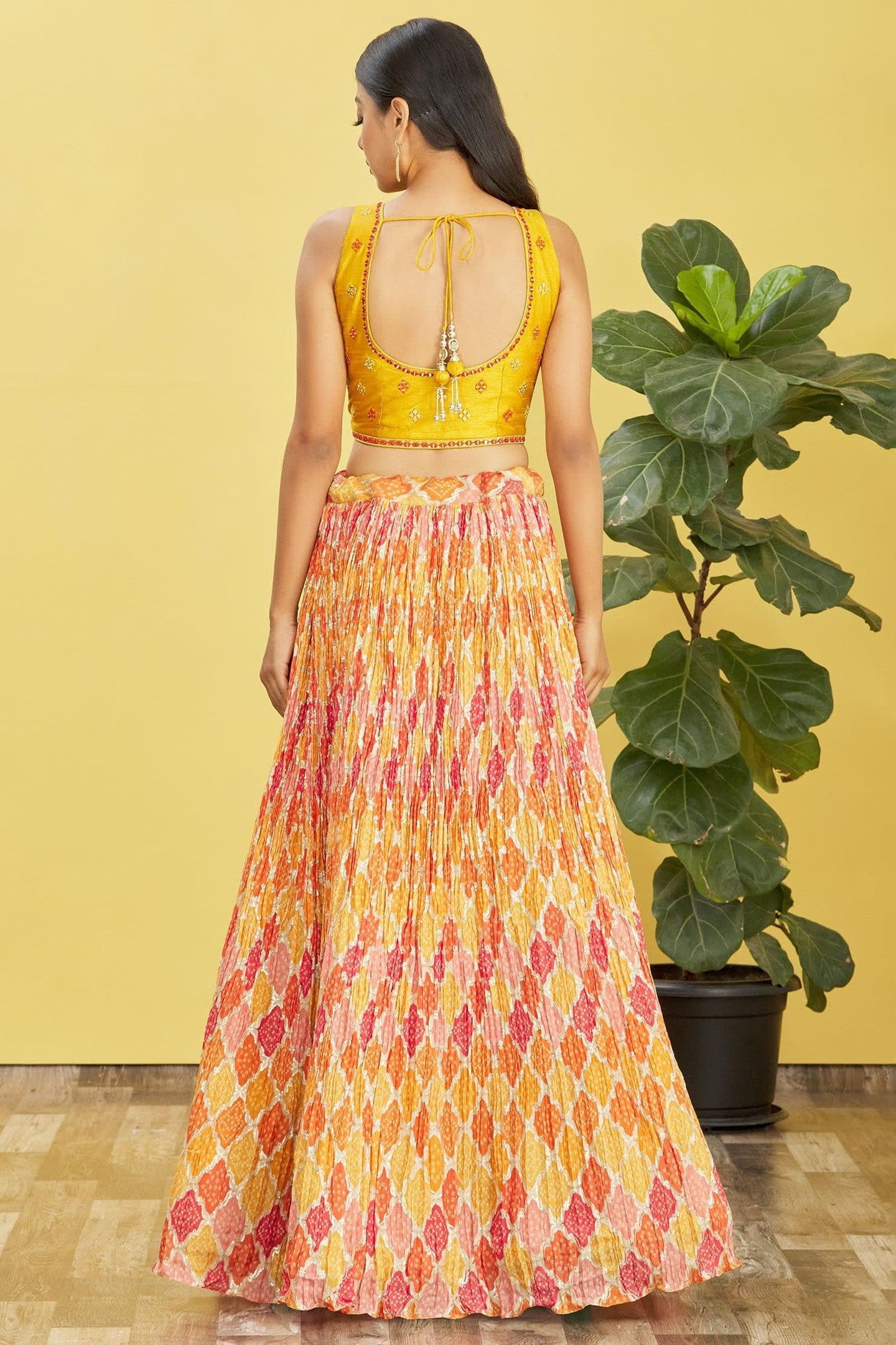 Yellow Slub Silk Lehenga Choli For Indian & Pakistani Wedding Festival - Sequins & Thread Embroidery Work, Zari Work, Print Work, Real Mirror Work