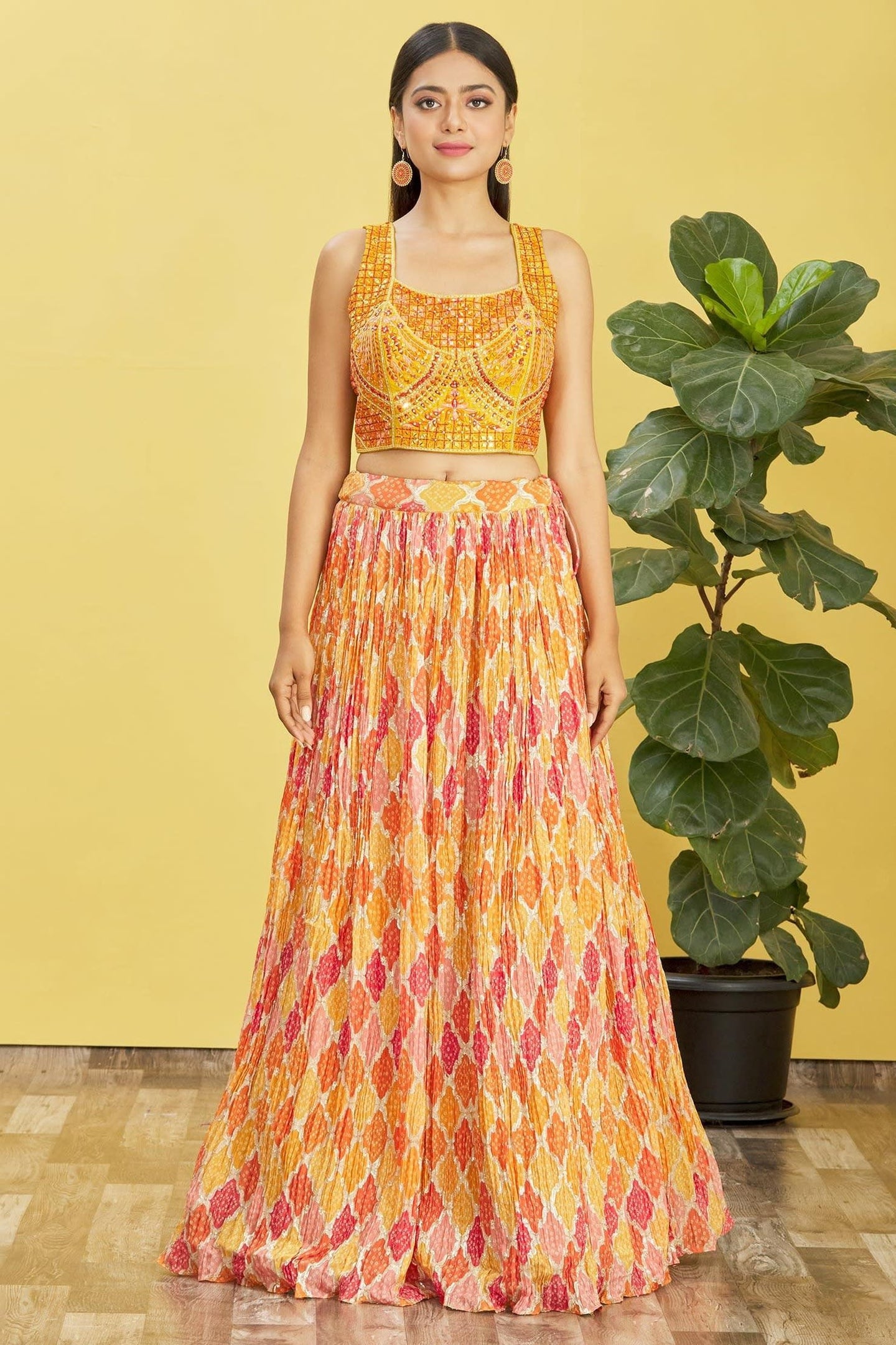 Yellow Slub Silk Lehenga Choli For Indian & Pakistani Wedding Festival - Sequins & Thread Embroidery Work, Zari Work, Print Work, Real Mirror Work