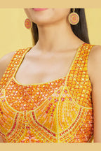 Yellow Slub Silk Lehenga Choli For Indian & Pakistani Wedding Festival - Sequins & Thread Embroidery Work, Zari Work, Print Work, Real Mirror Work