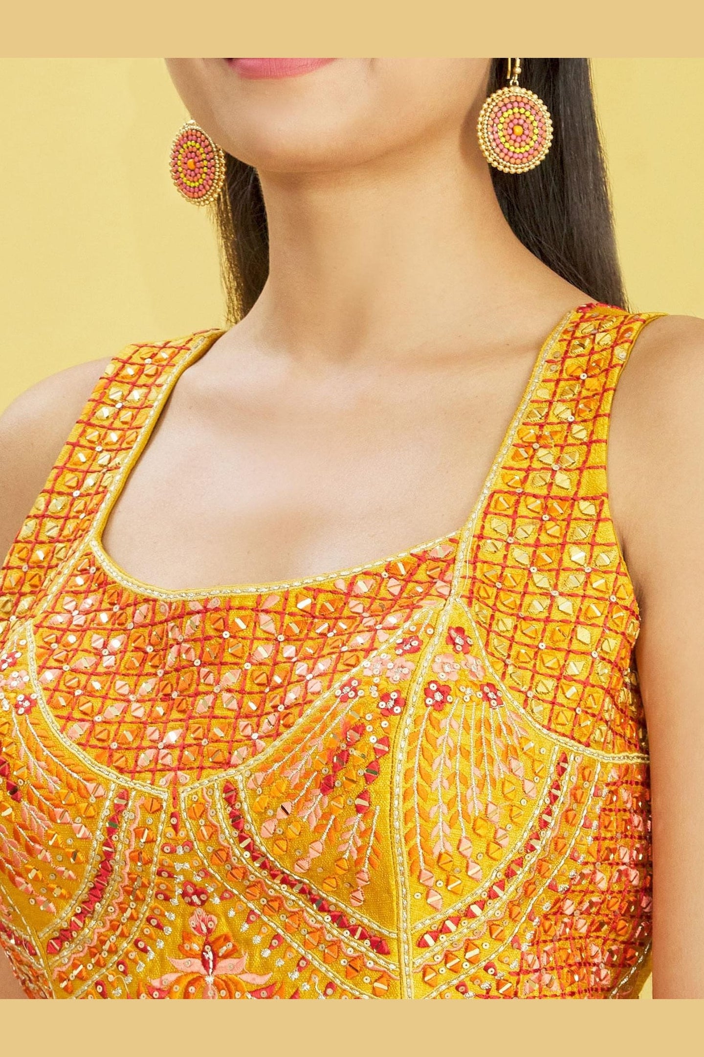 Yellow Slub Silk Lehenga Choli For Indian & Pakistani Wedding Festival - Sequins & Thread Embroidery Work, Zari Work, Print Work, Real Mirror Work