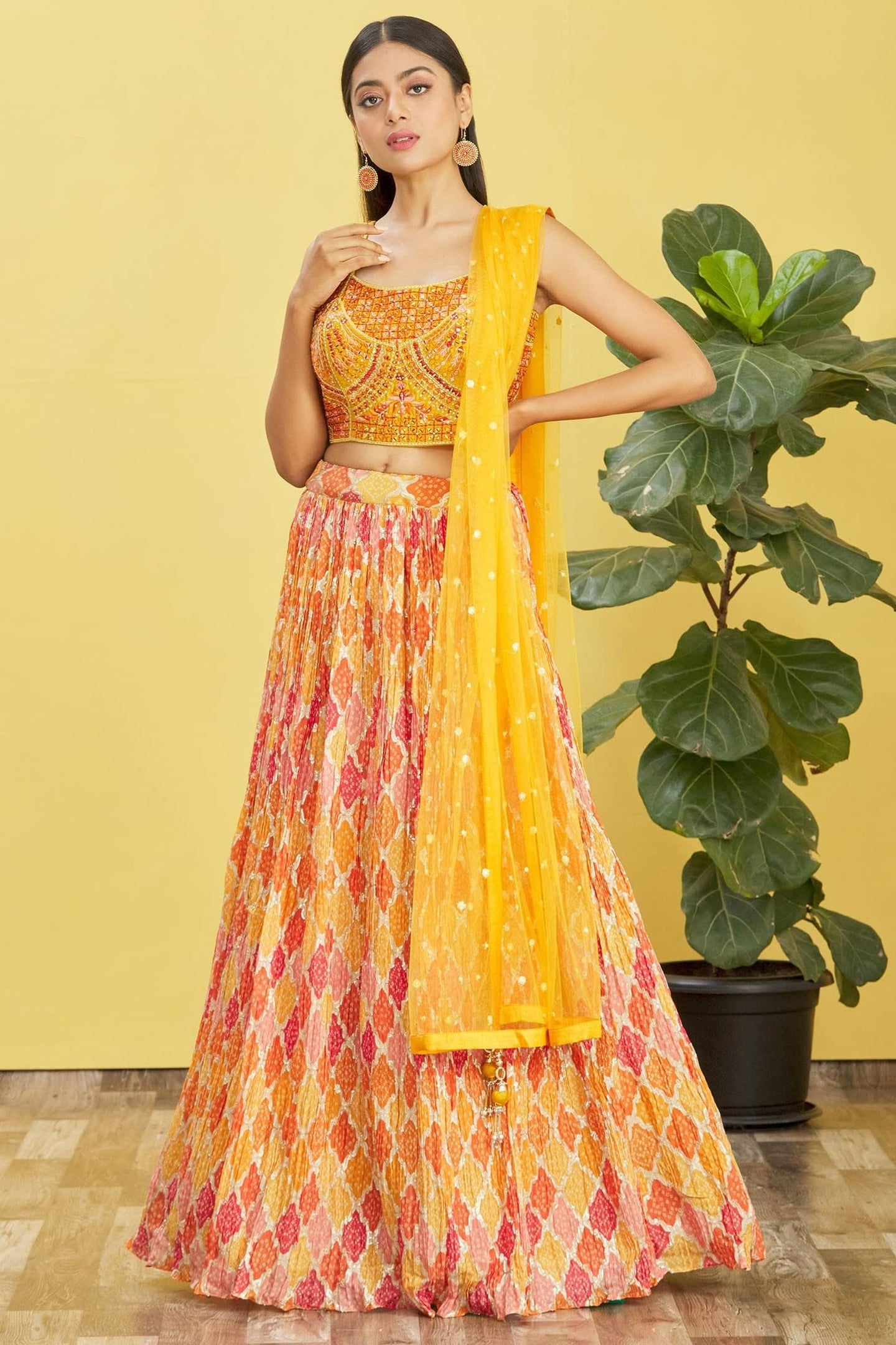 Yellow Slub Silk Lehenga Choli For Indian & Pakistani Wedding Festival - Sequins & Thread Embroidery Work, Zari Work, Print Work, Real Mirror Work