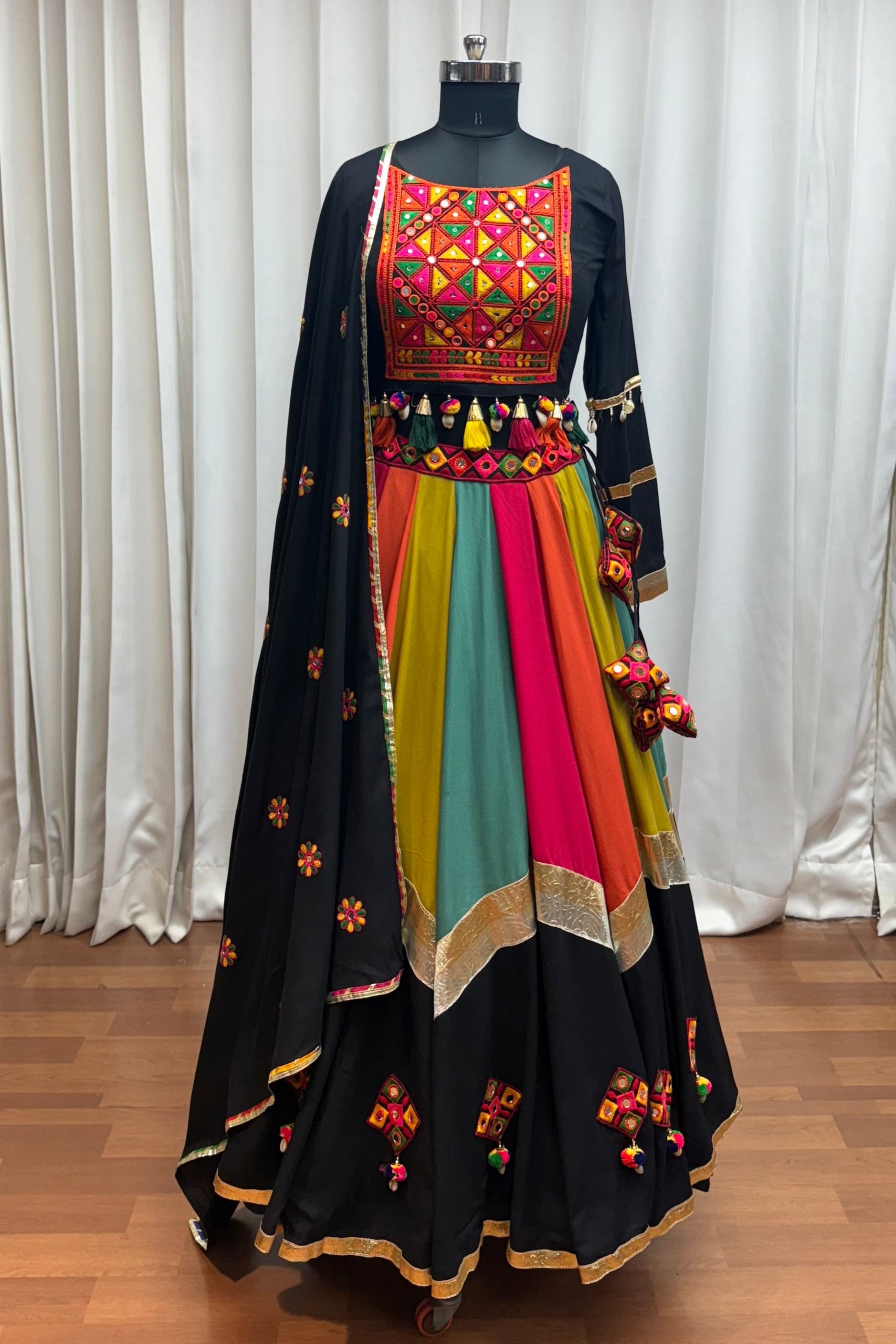 Black Multicolor Viscose Cotton Navratri Chaniya Choli For Indian Garba 10 Meter Flair - Real Mirror Work, Thread Embroidery Work