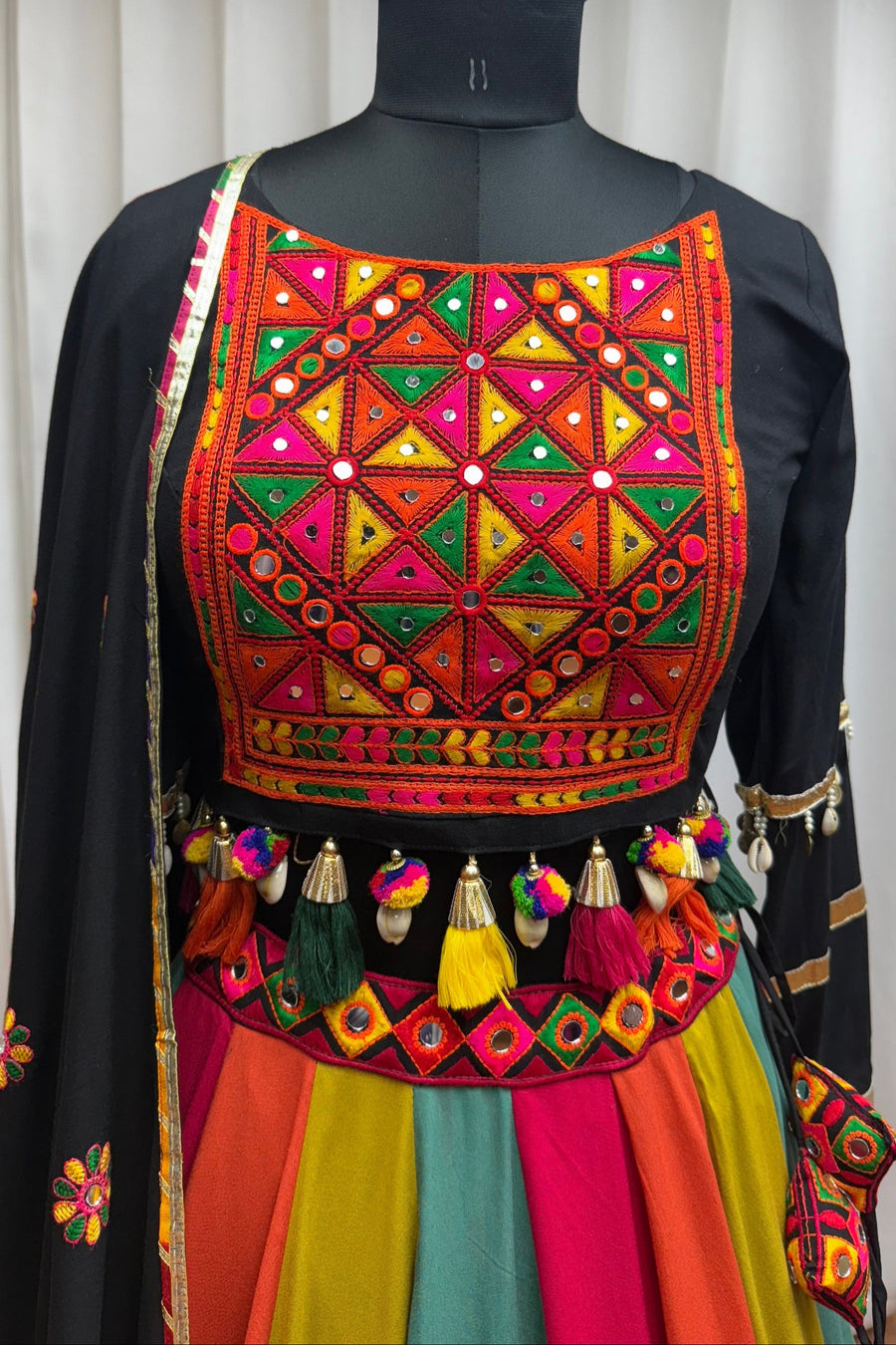 Black Multicolor Viscose Cotton Navratri Chaniya Choli For Indian Garba 10 Meter Flair - Real Mirror Work, Thread Embroidery Work