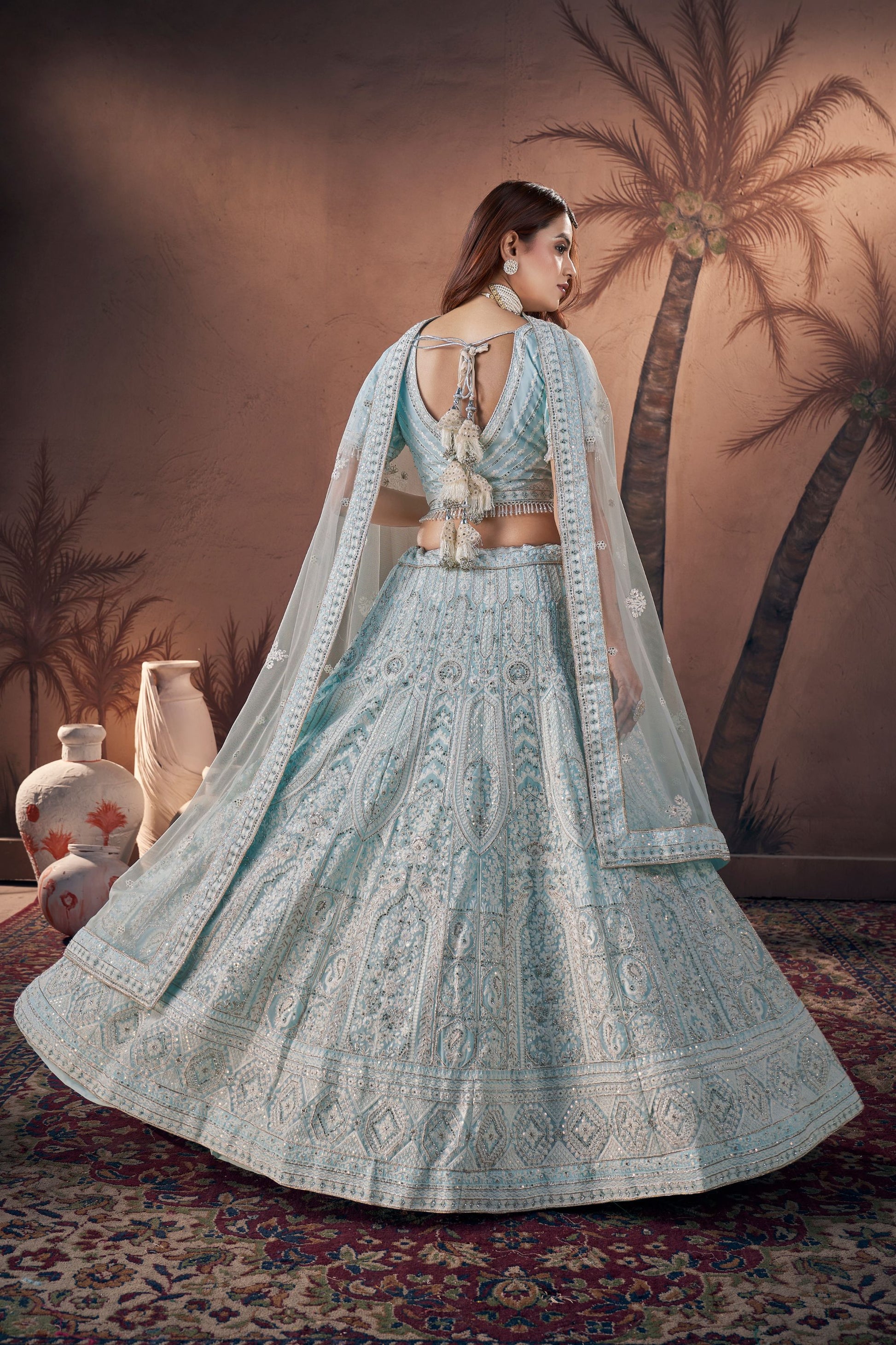 Sky Blue Georgette Lehenga Choli For Indian Festivals & Wedding - Zarkan Work, Sequence Embroidery Work, Thread Embroidery Work