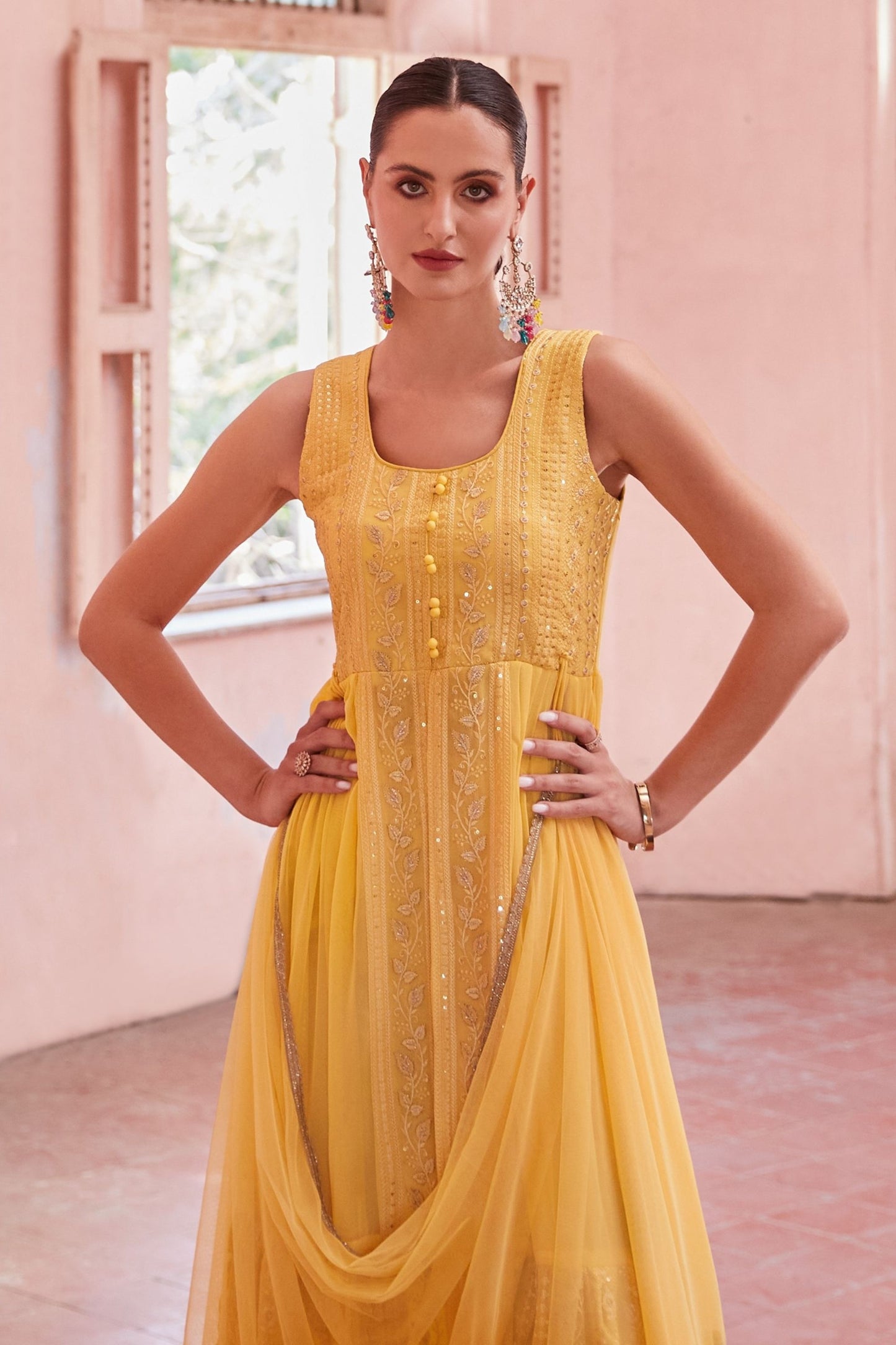 Yellow Georgette Long Anarkali with Front Slit and Pant For Indian Festivals & Weddings - Thread & Sequence Embroidery Work, Zari Work