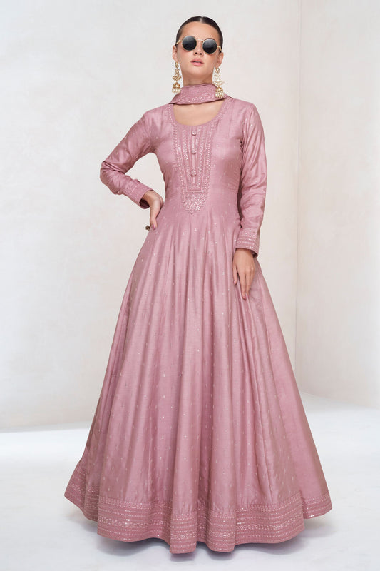 Mauve Pink Silk Anarkali Gown Suit For Indian Festivals & Weddings - Embroidery Work