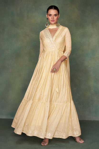 Cream Silk Floor Full Length Anarkali Gown For Indian Festivals & Weddings - Embroidery Work