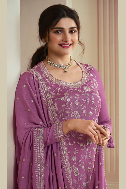 Purple Mauve Chinon Silk Palazzo Suit For Indian Festivals & Pakistani Plazo Wedding Dress - Embroidery Work