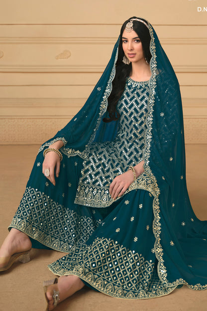 Teal Georgette Sharara Suit Dress For Indian Festivals & Weddings - Embroidery Work