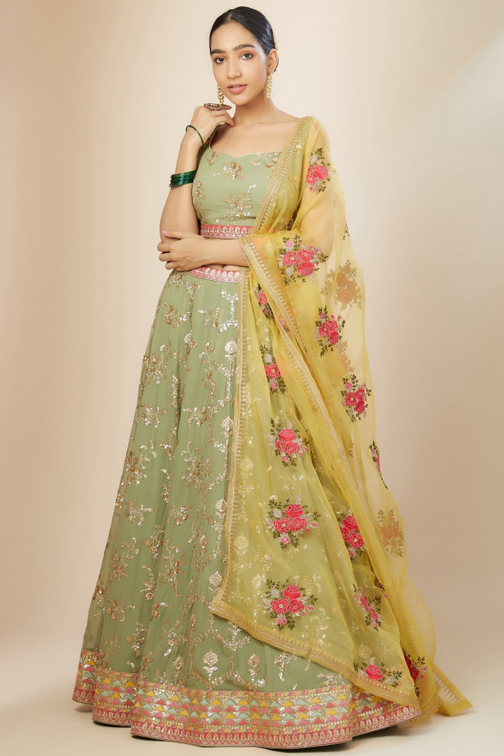 Green Georgette Lehenga Choli For Indian & Pakistani Wedding Festival - Thread Embroidery Work, Sequence Embroidery Work, Print Work, Zari Work