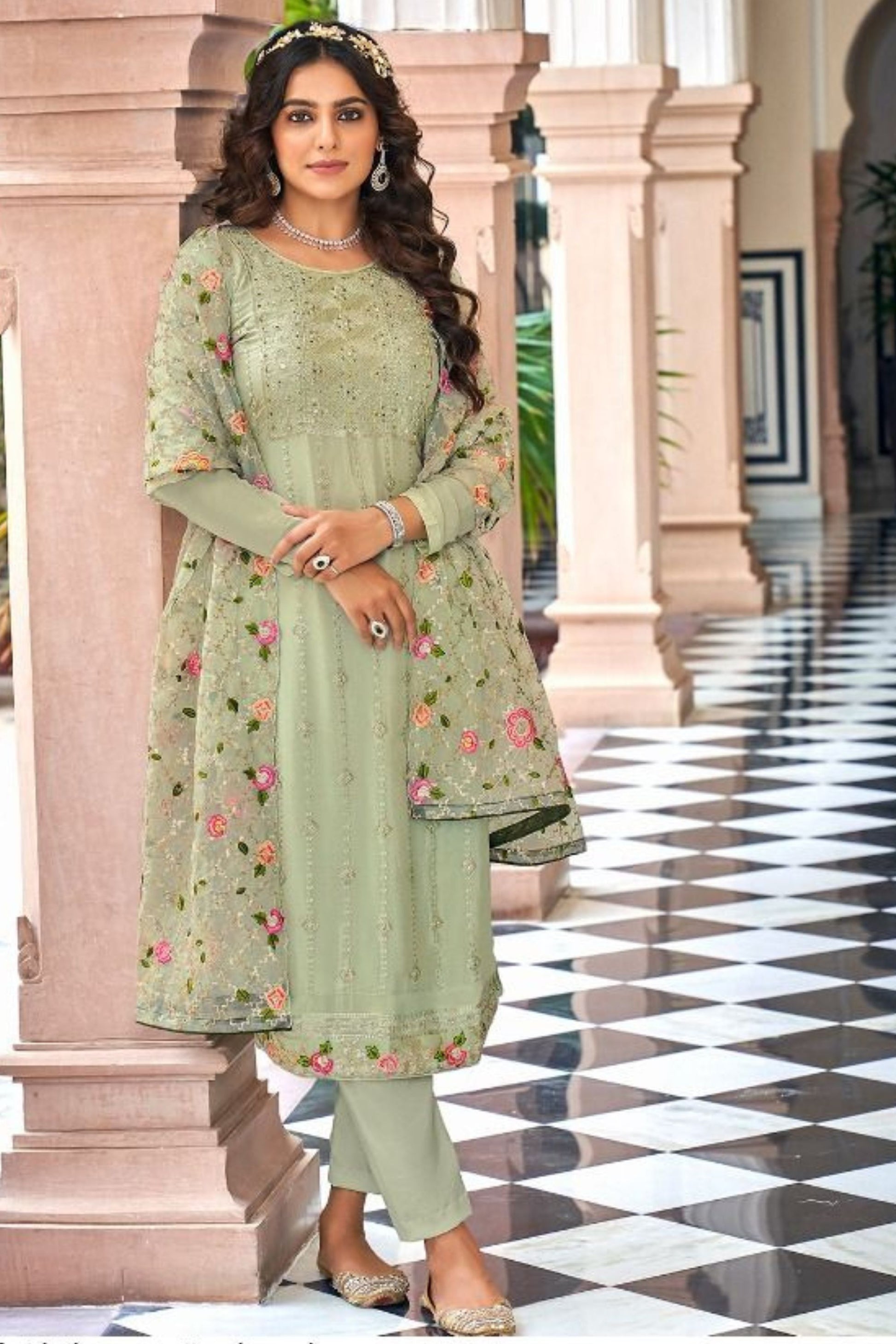 Green Sage Georgette with Chinon Silk Kameez with Pant For Indian Suit Festivals & Pakistani Weddings - Embroidery Work