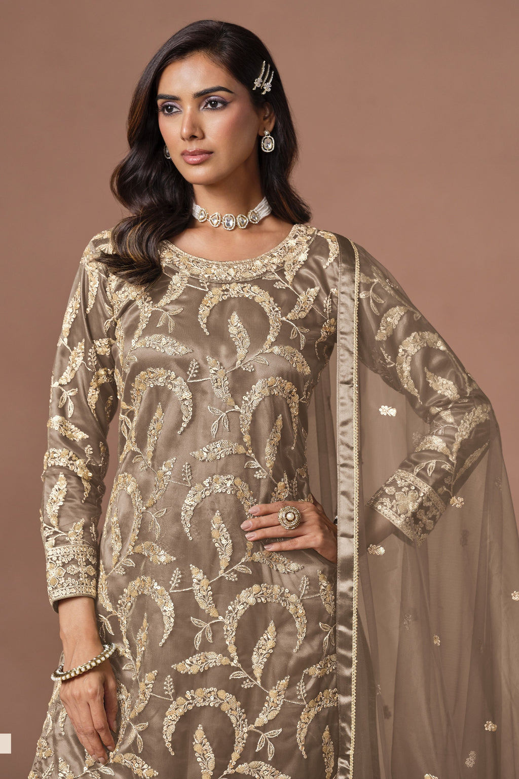 Light Brown Ladies Dress For Engagement - Sharara Suit With Embroidery
