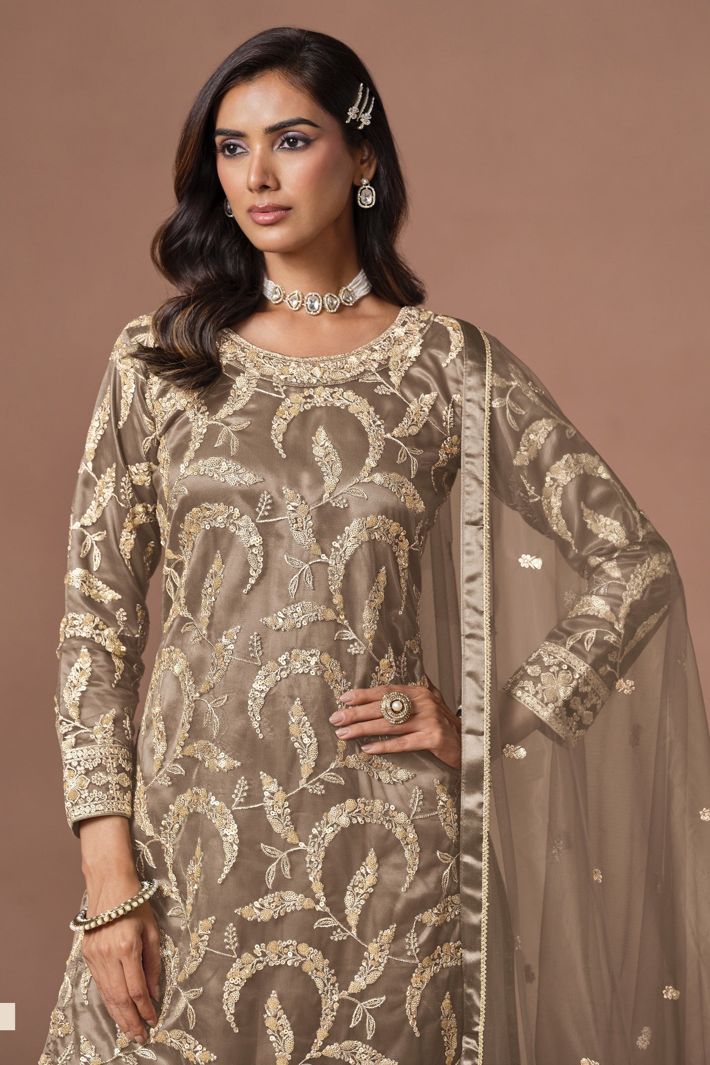 Light Brown Ladies Dress For Engagement - Sharara Suit With Embroidery