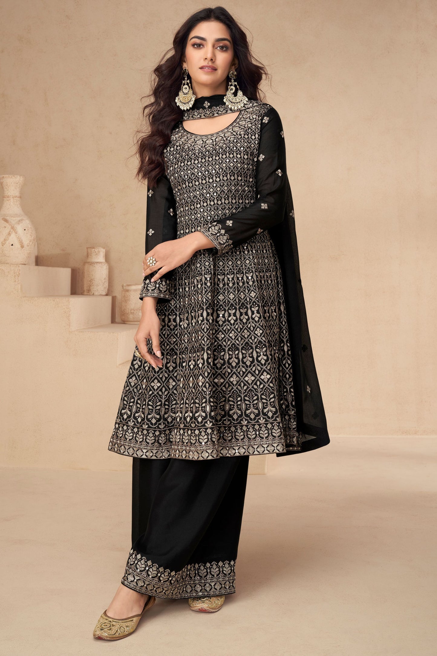 Black Chinon Silk Plazo Suit For Wedding & Festival - Embroidery Work